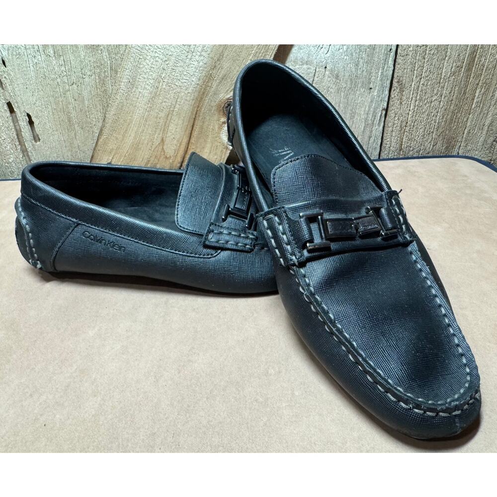 Calvin Klein Men's Sz 11.5 M Magnus Black Leather Emboss Slip On Loafers Flats